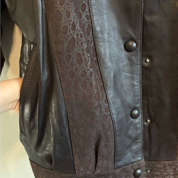 Vintage Bomber Chocolate Brown Animal Print Genuine Leather Jacket - Size Large - Picture 12 of 14